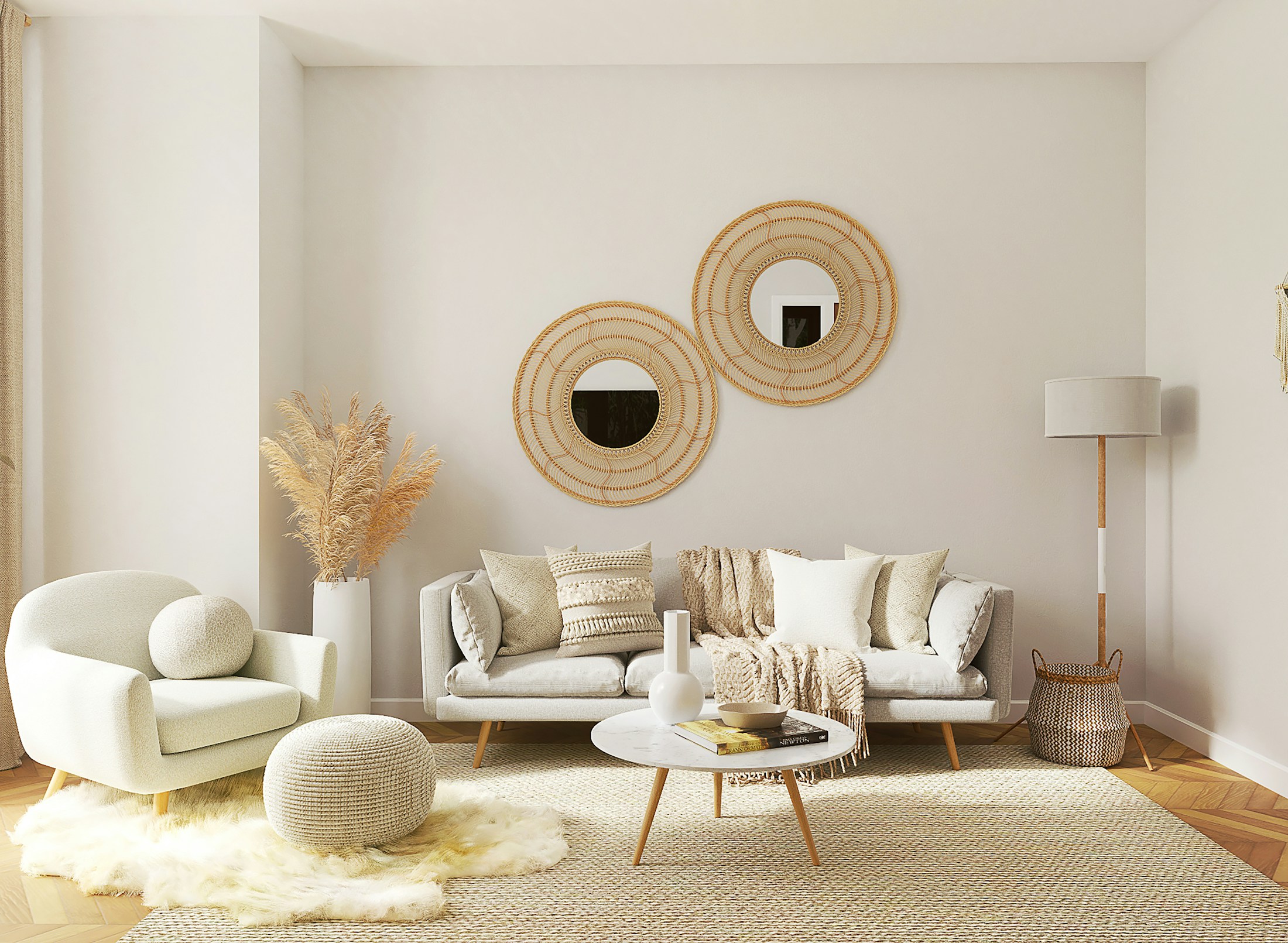 Light-filled living room with a neutral sofa and architectural details